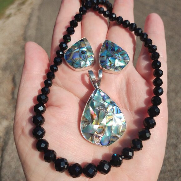 Jay King Midnight Chalcedony necklace Abalone pendant and earrings set 925 Sterl - Picture 2 of 8